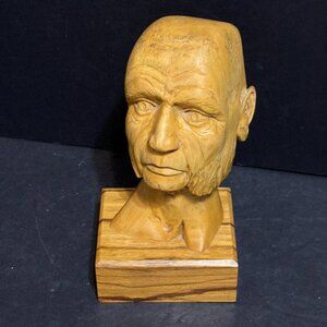 Hand Carved Wood 9" Old Man Head Bust Figurine Statue Sculpture by Lee Stone